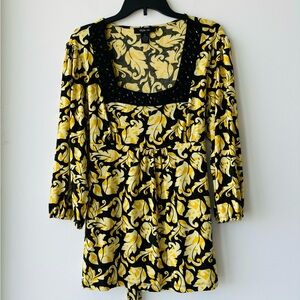 VTG Style & Co Blouse Yellow Black Floral Empire Waist Beaded Women XL Boho 70s